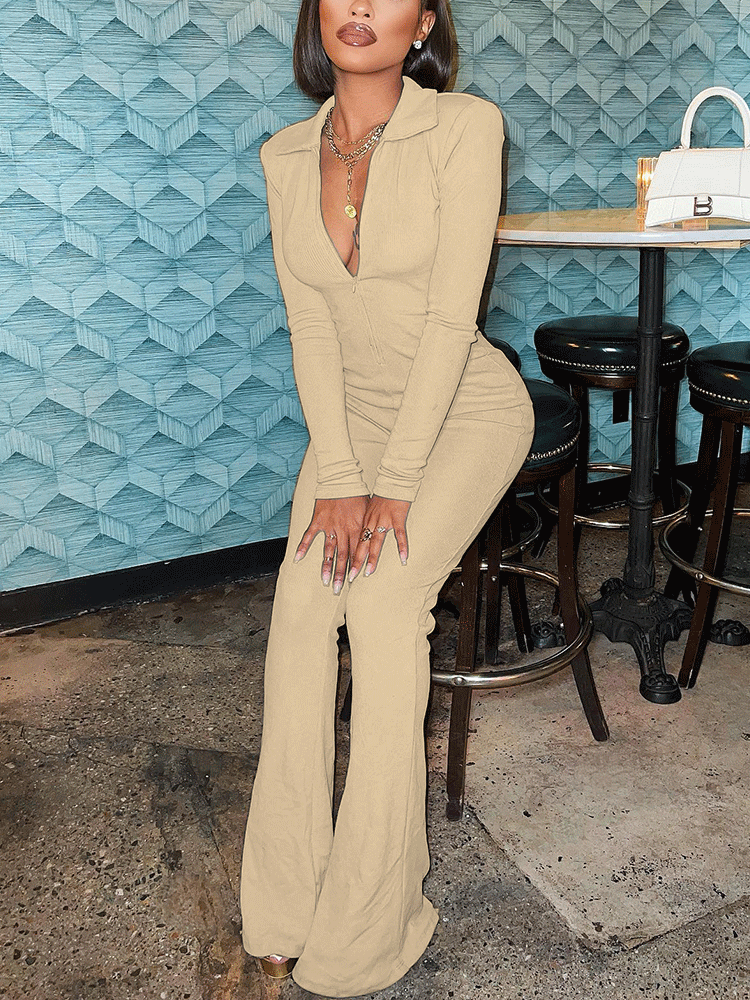 Ribbed Wide Leg Jumpsuit with Zipper