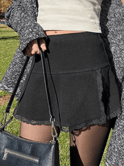 Lace Trim Ribbed Black Mini Skirt