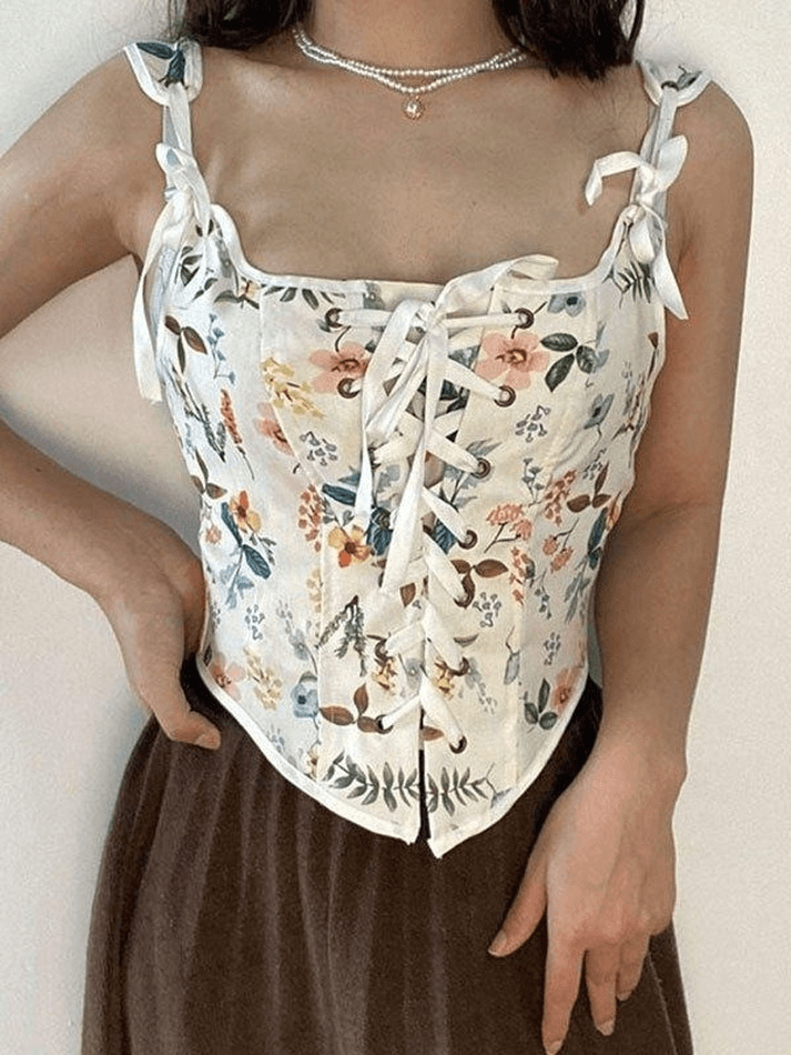 Lace Up Floral Corset Top