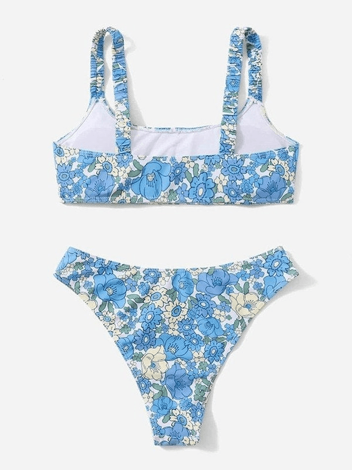 Lace Up Floral Print Strap Bikini Set
