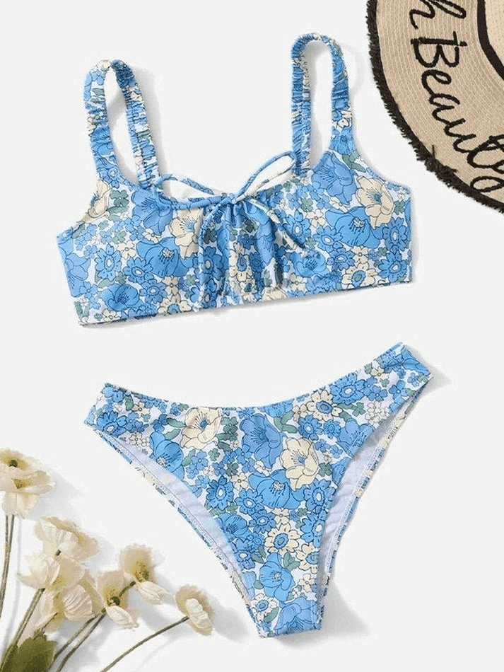 Lace Up Floral Print Strap Bikini Set