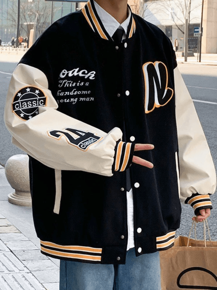 Men's Embroidery Button-Up Varsity Jacket