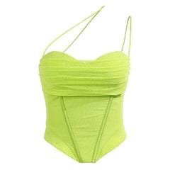 Mesh Fold Cowl Neck One Shoulder Bustier Corset Crop Tank Top - Grass Green