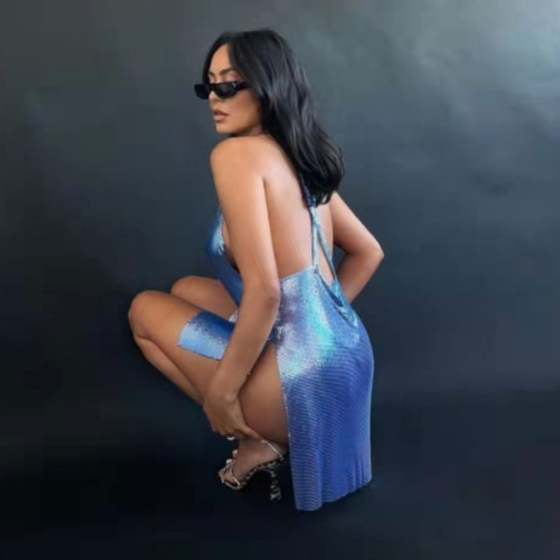 Cowl Neck High Slit Club Mini Dresses - Royal Blue