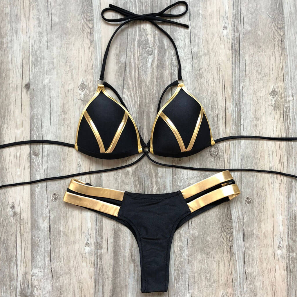 Thong Push Up Triangle Brazilian Bikini Set - Black