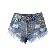 Stud Trim High Waist Distressed Denim Shorts - Blue