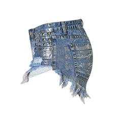 Stud Trim High Waist Distressed Denim Shorts - Blue