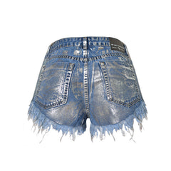 Stud Trim High Waist Distressed Denim Shorts - Blue