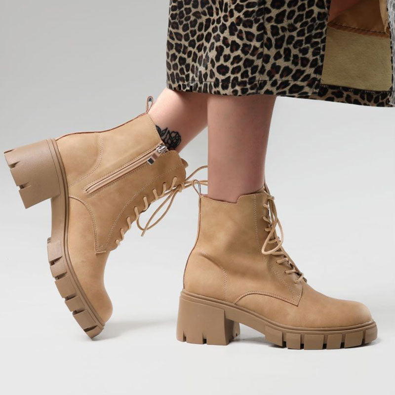 Toe Block Heel Lug Sole Lace Up Combat Boots - Apricot