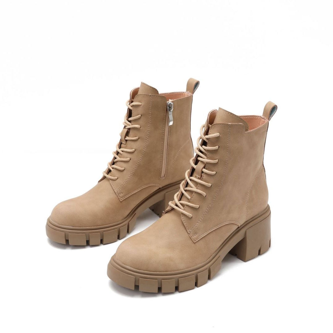 Toe Block Heel Lug Sole Lace Up Combat Boots - Apricot