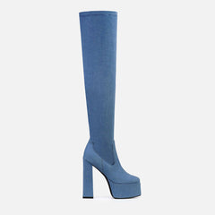 Denim High Heel Platform Over Knee Boots - Jean Blue