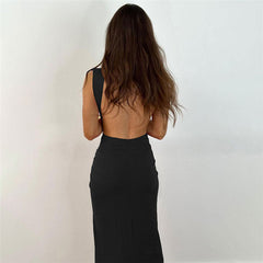 V Sleeveless Split Open Back Maxi Dresses - Black