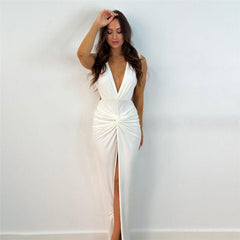 V Sleeveless Split Open Back Maxi Dresses - White