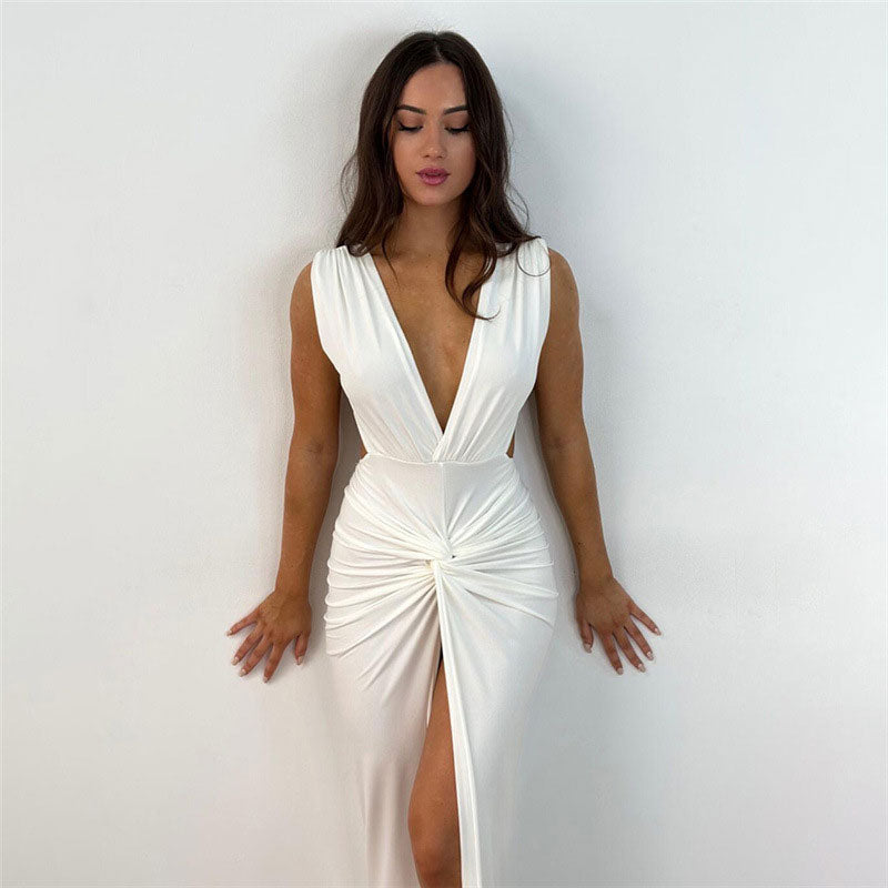 V Sleeveless Split Open Back Maxi Dresses - White