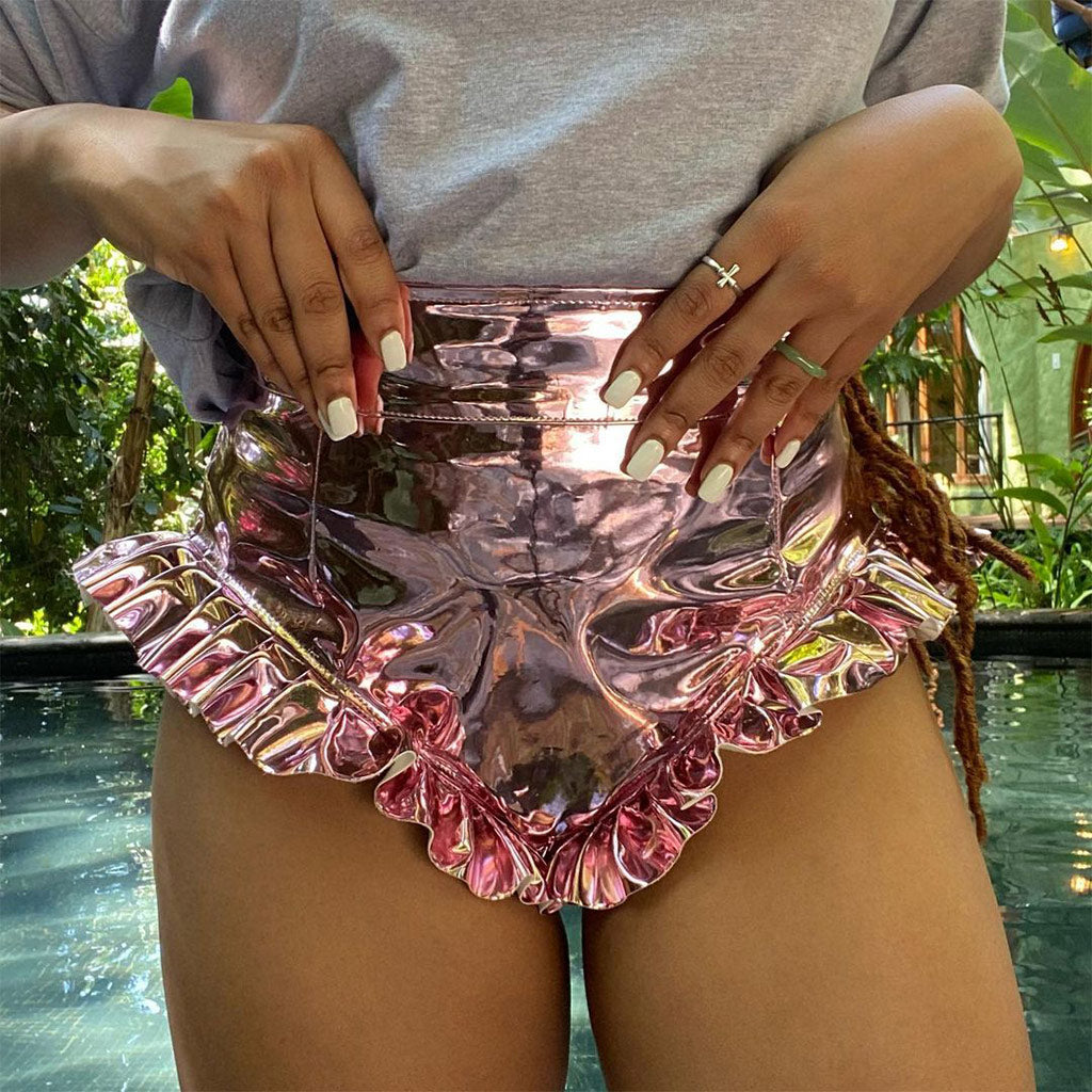 High Waist Ruffle Wide Leg Shorts - Pink