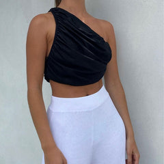 Ruched Trim One Shoulder Cropped Tank Top - Black