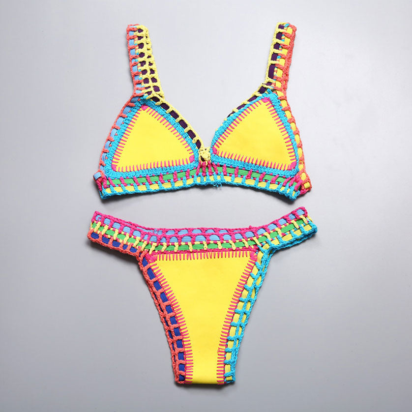 Neoprene Crochet Banded Triangle Bikini Set - Yellow