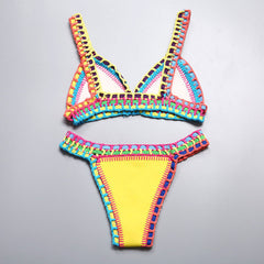 Neoprene Crochet Banded Triangle Bikini Set - Yellow