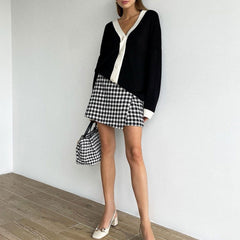 Contrast Color Rib Knit Long Sleeve Cardigan - Black