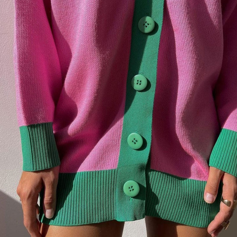 Contrast Color Rib Knit Long Sleeve Cardigan - Pink
