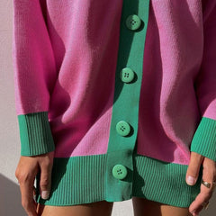 Contrast Color Rib Knit Long Sleeve Cardigan - Pink