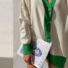 Contrast Color Rib Knit Long Sleeve Cardigan - Beige