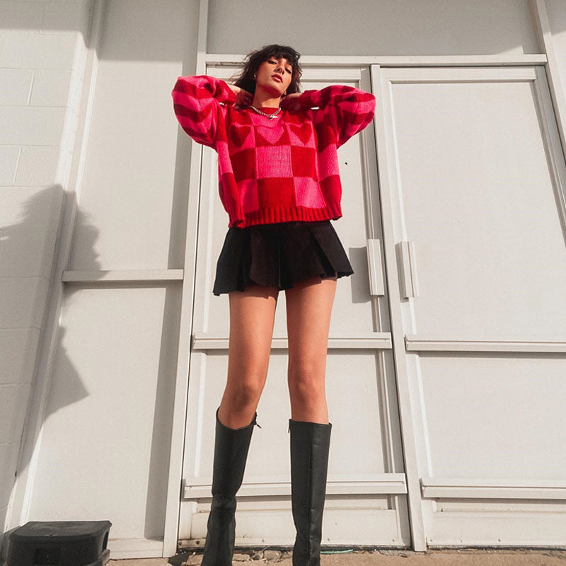 Heart Long Sleeve Rib Knit Sweater - Red
