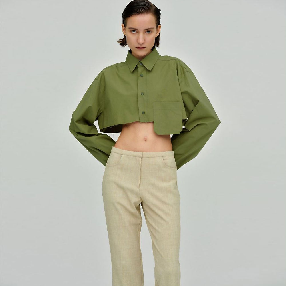 Long Sleeve Pointed Collar Cropped Shirt - Green