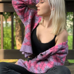 Long Sleeve Argyle Cardigan - Purple