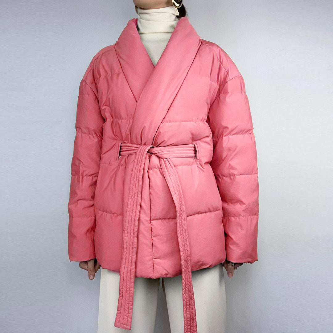 Long Sleeve Belted Puffer Jacket - Coral Pink