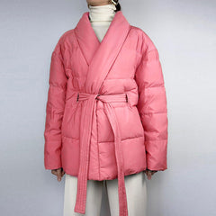 Long Sleeve Belted Puffer Jacket - Coral Pink
