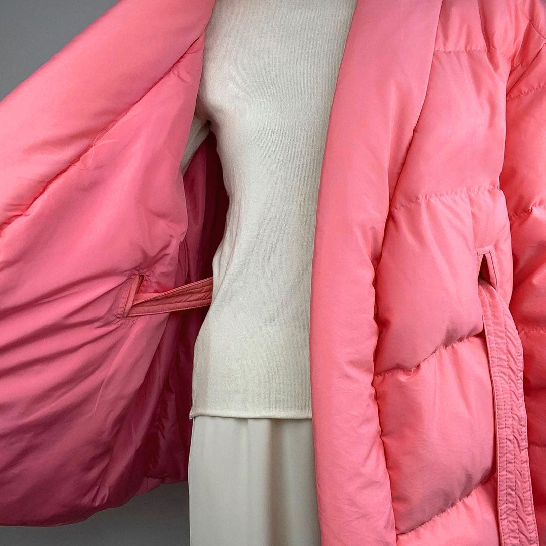 Long Sleeve Belted Puffer Jacket - Coral Pink