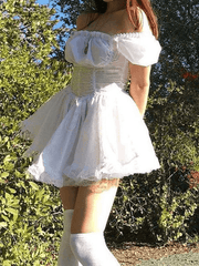 Puff Sleeve Corset Tie Mini Dresses