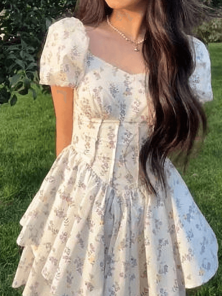 Puff Sleeve Floral Corset Mini Dresses