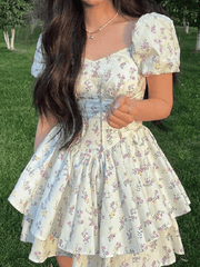 Puff Sleeve Floral Corset Mini Dresses