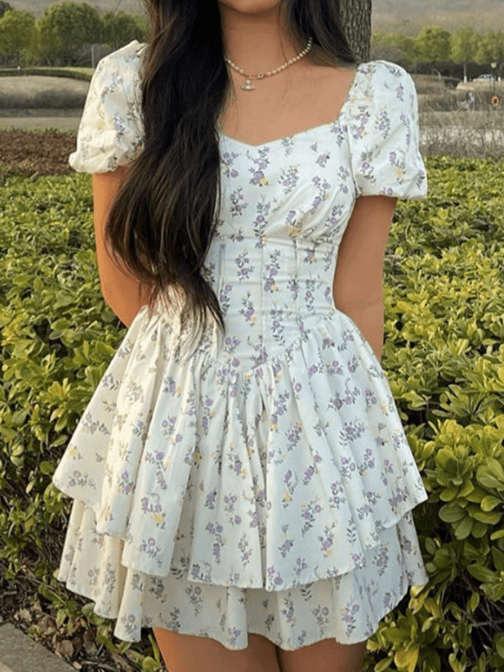 Puff Sleeve Floral Corset Mini Dresses