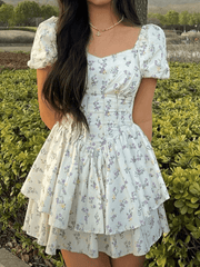 Puff Sleeve Floral Corset Mini Dresses