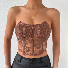 Tulle Crop Corset Tube Top - Brown