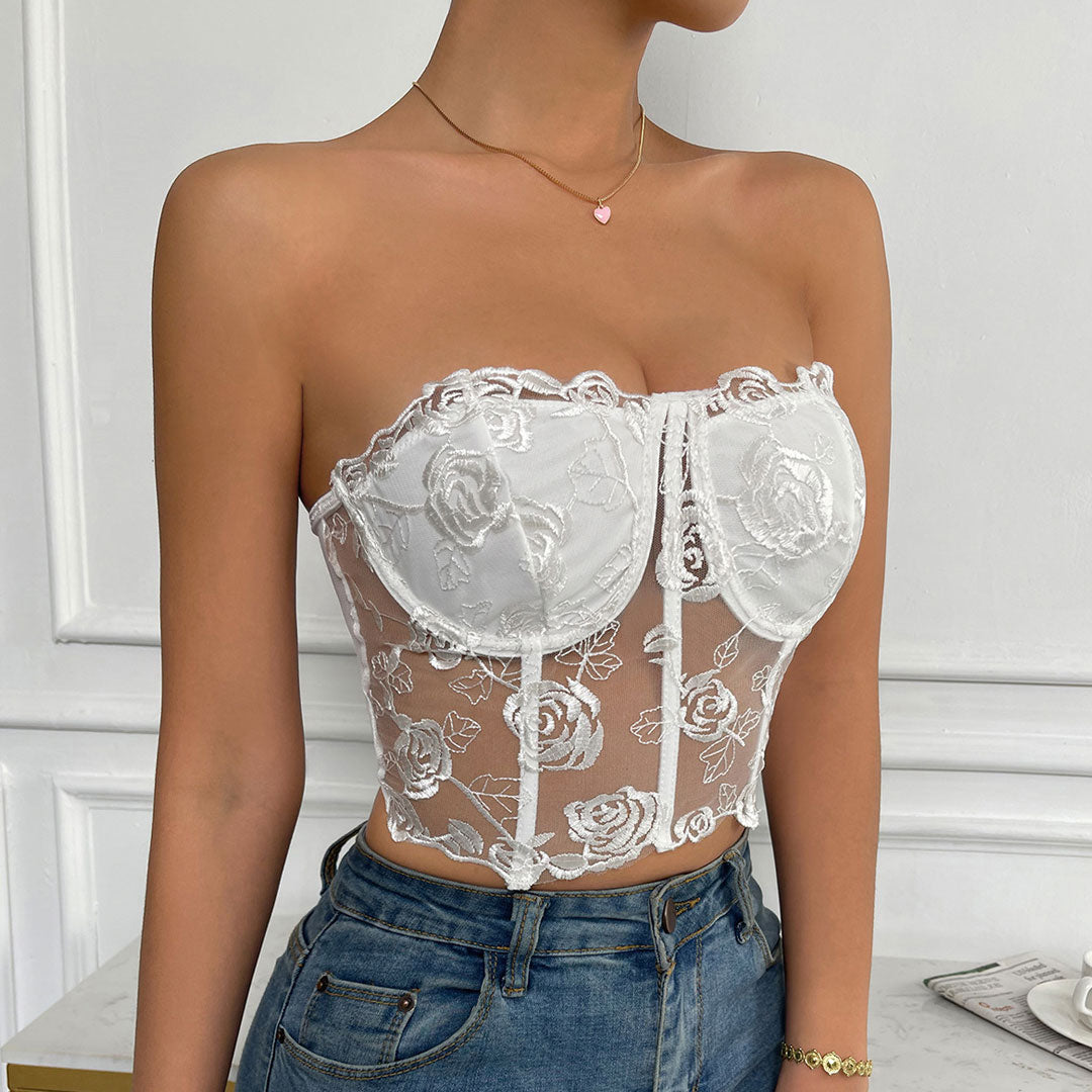 Tulle Crop Corset Tube Top - White