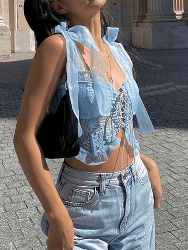 Ruffle Tie Strap Lace Corset Top