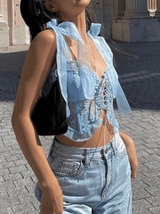 Ruffle Tie Strap Lace Corset Top
