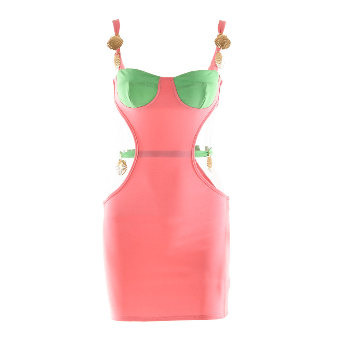 Contrast Color Shells Sleeveless Cutout Party Mini Dresses - Pink