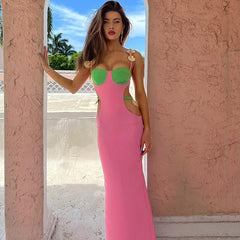 Contrast Color Shells Sleeveless Cutout Prom Maxi Dresses - Pink