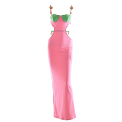 Contrast Color Shells Sleeveless Cutout Prom Maxi Dresses - Pink