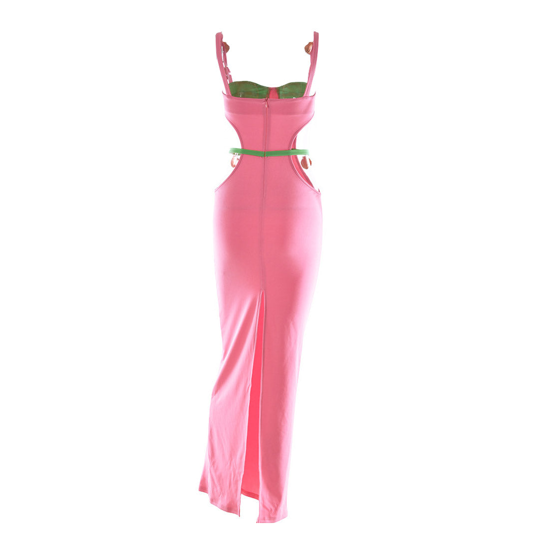 Contrast Color Shells Sleeveless Cutout Prom Maxi Dresses - Pink