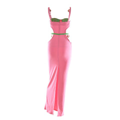 Contrast Color Shells Sleeveless Cutout Prom Maxi Dresses - Pink