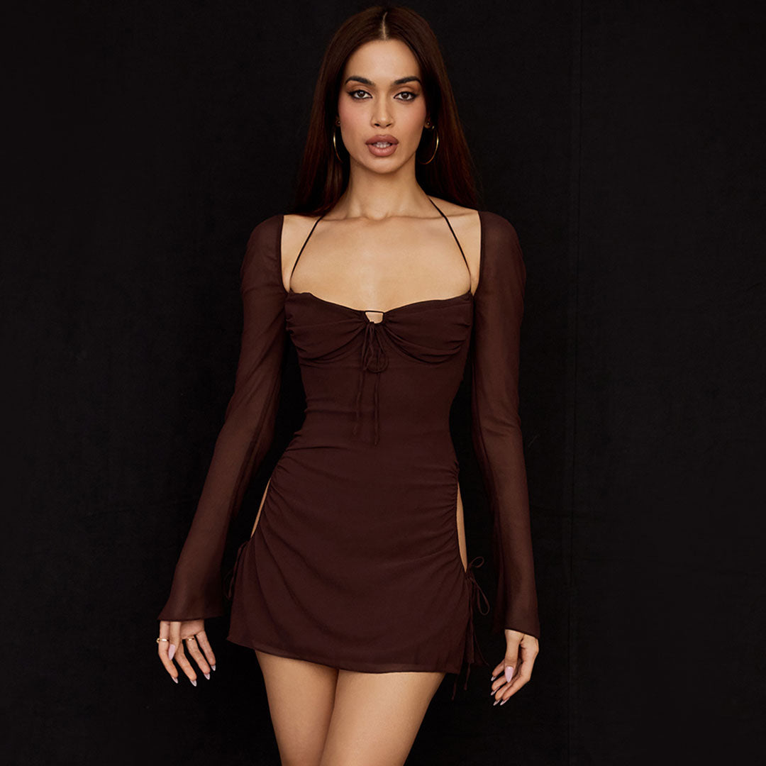 Halter Tie Strap Ruched Cut Out Club Mini Dresses - Chocolate