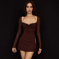 Halter Tie Strap Ruched Cut Out Club Mini Dresses - Chocolate