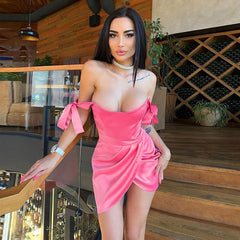 Solid Color Tie Strap Ruched Wrap Trim Bodycon Mini Dresses - Pink