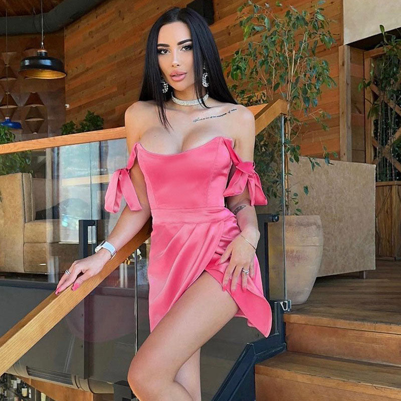Solid Color Tie Strap Ruched Wrap Trim Bodycon Mini Dresses - Pink